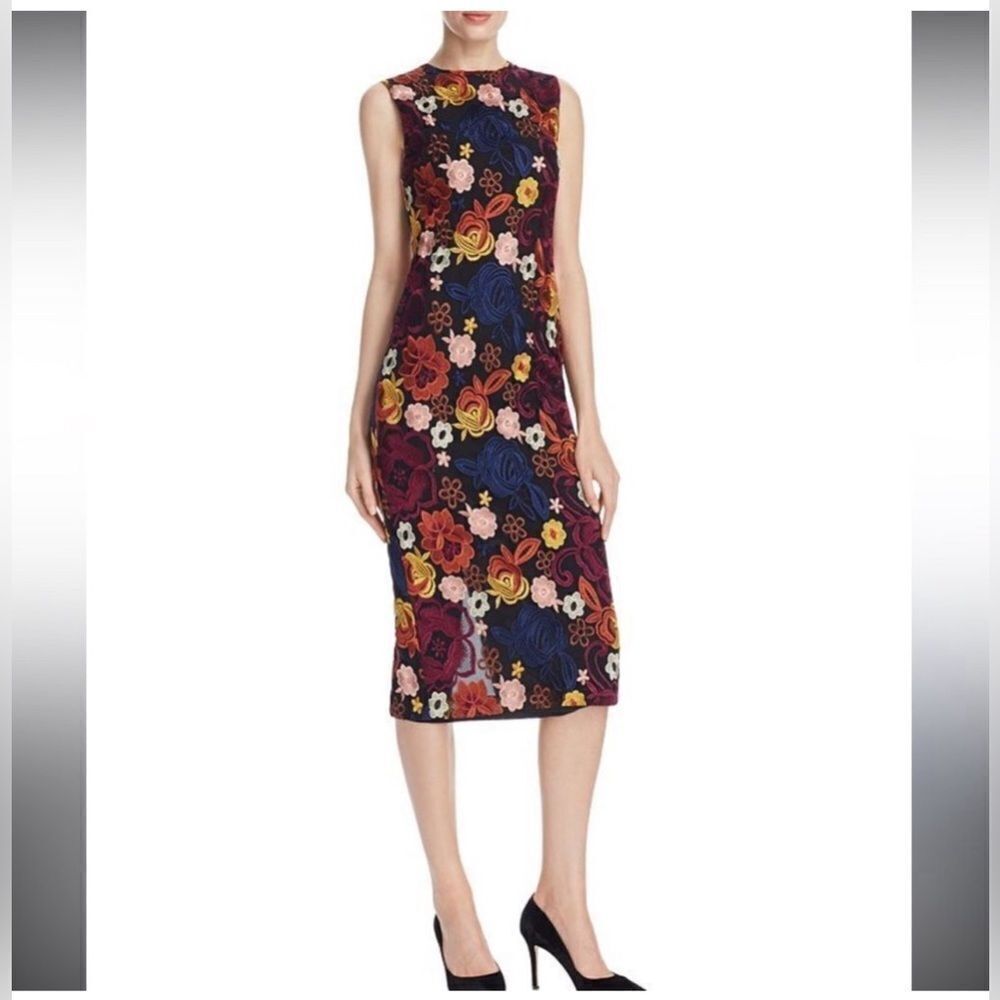 Alice‎ + Olivia Nat Floral Embroidered Sleeveless Midi Sheath Dress Size 0